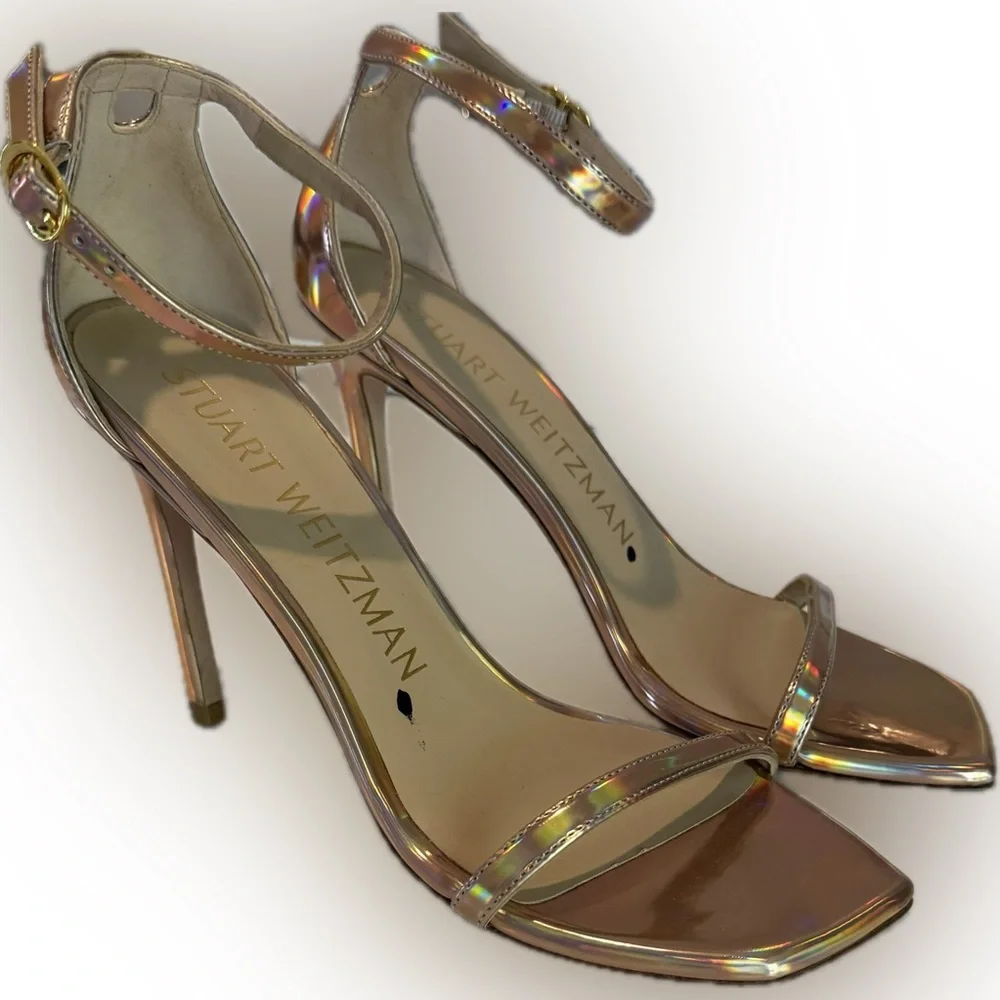 Stuart Weitzman Nudistcurve 100 Ankle Strap Heel Rose Gold Metallic Hologram